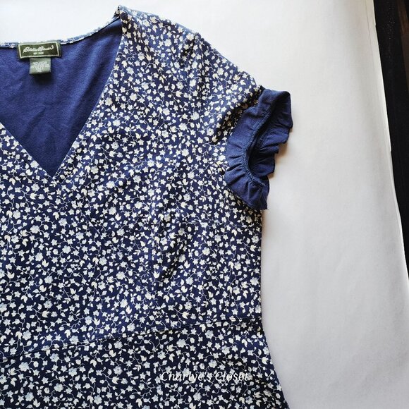 Eddie Bauer Classic Navy Floral Cottagecore Midi Dress Ruffle Trim Sz. XL Tall - Picture 8 of 10